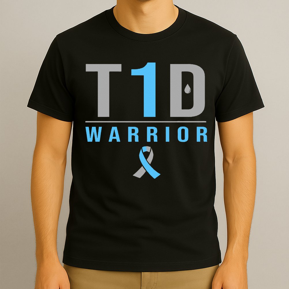 T1D Warrior Blue Grey Ribbon Type 1 Diabetes Awareness Gifts T-Shirt