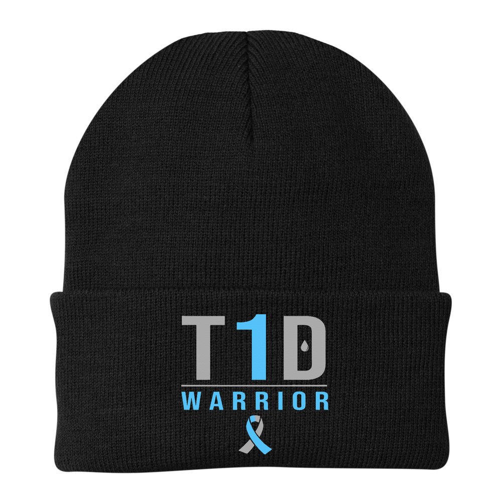 T1D Warrior Blue Grey Ribbon Type 1 Diabetes Awareness Gifts Beanie