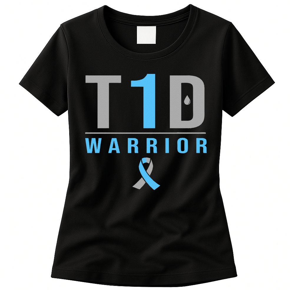 T1D Warrior Blue Grey Ribbon Type 1 Diabetes Awareness Gifts Womens T-Shirt
