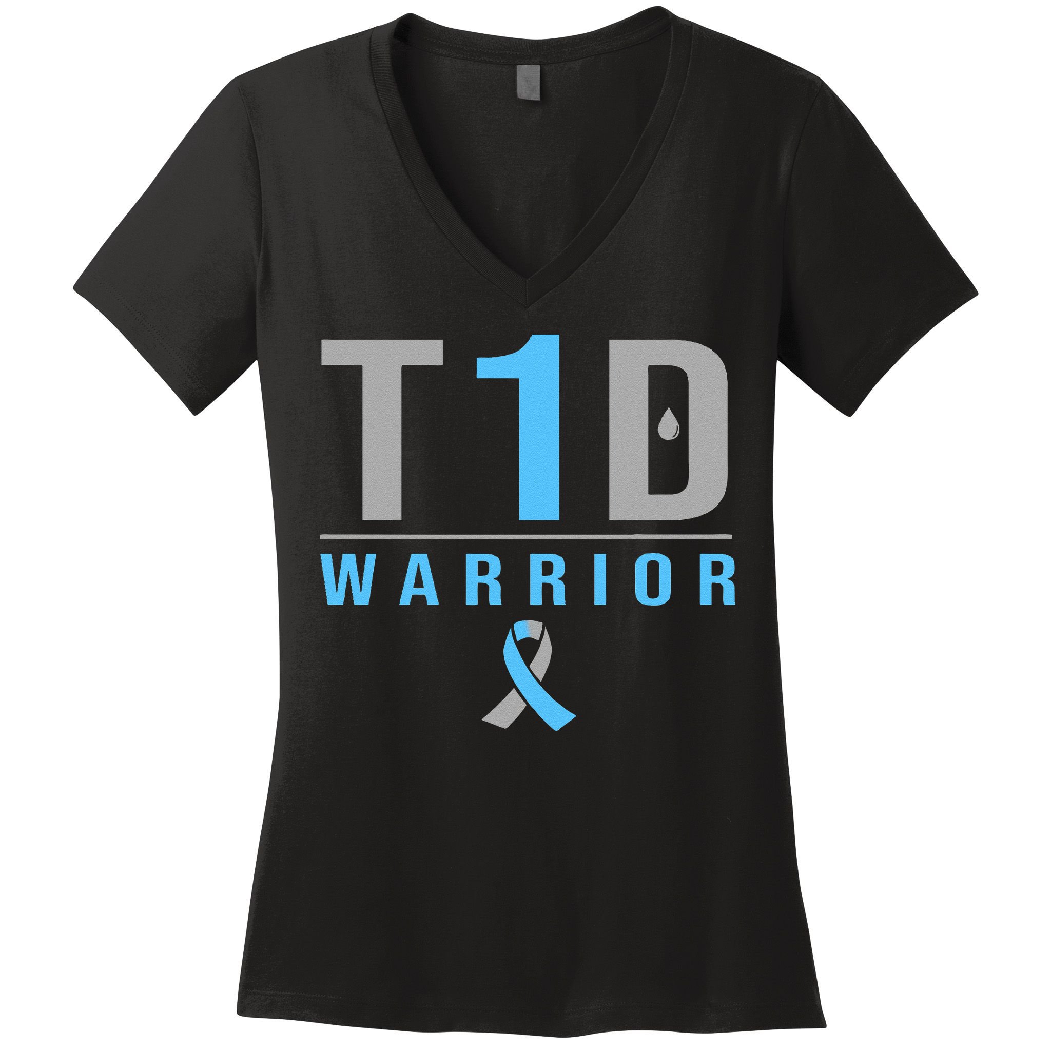 T1D Warrior Blue Grey Ribbon Type 1 Diabetes Awareness Gifts Women's V-Neck T-Shirt