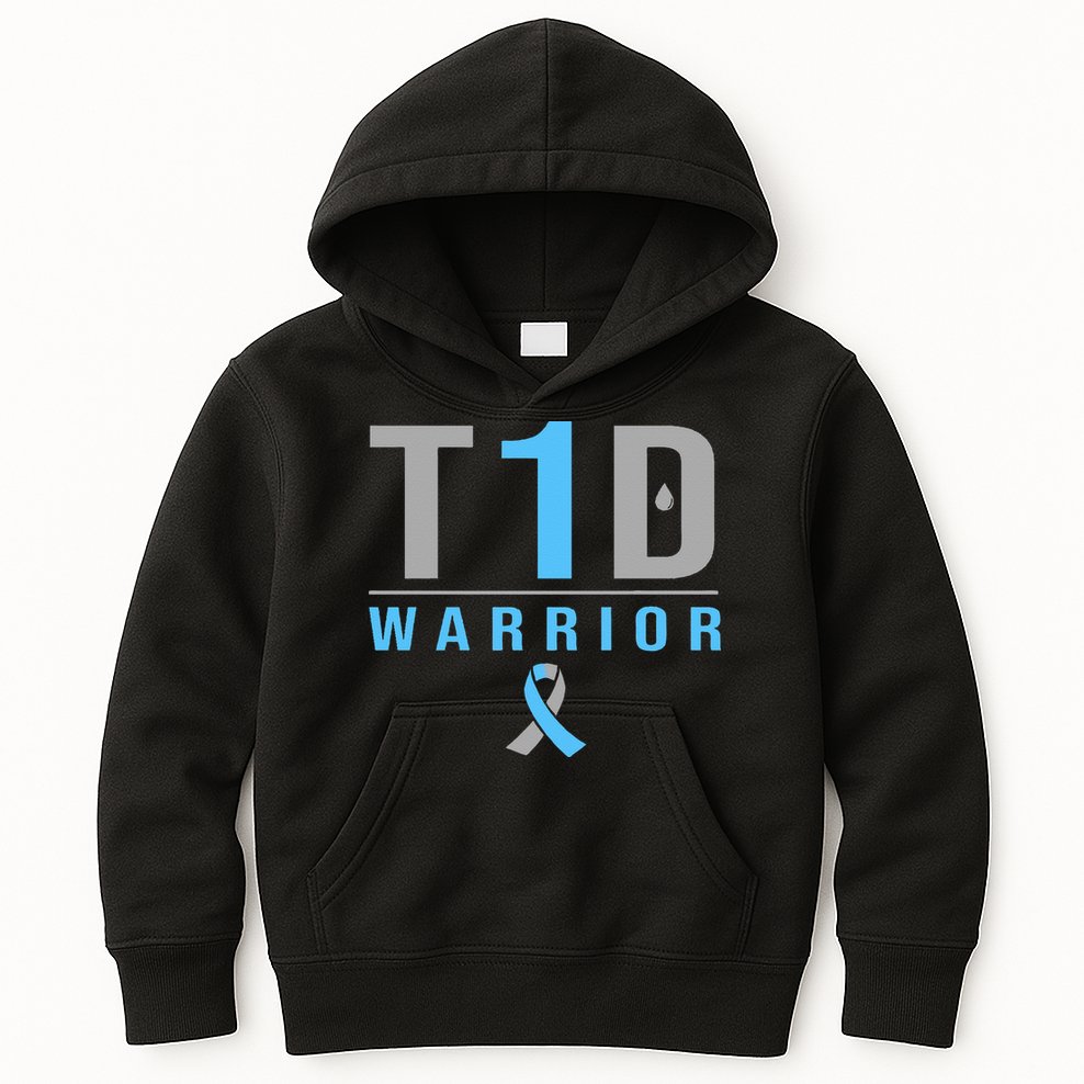 T1D Warrior Blue Grey Ribbon Type 1 Diabetes Awareness Gifts Kids Hoodie