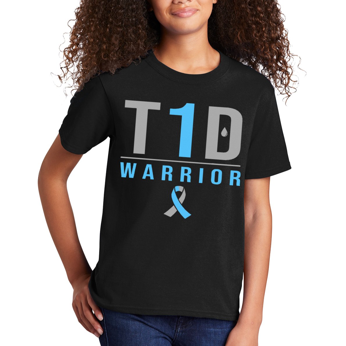 T1D Warrior Blue Grey Ribbon Type 1 Diabetes Awareness Gifts Kids T-Shirt