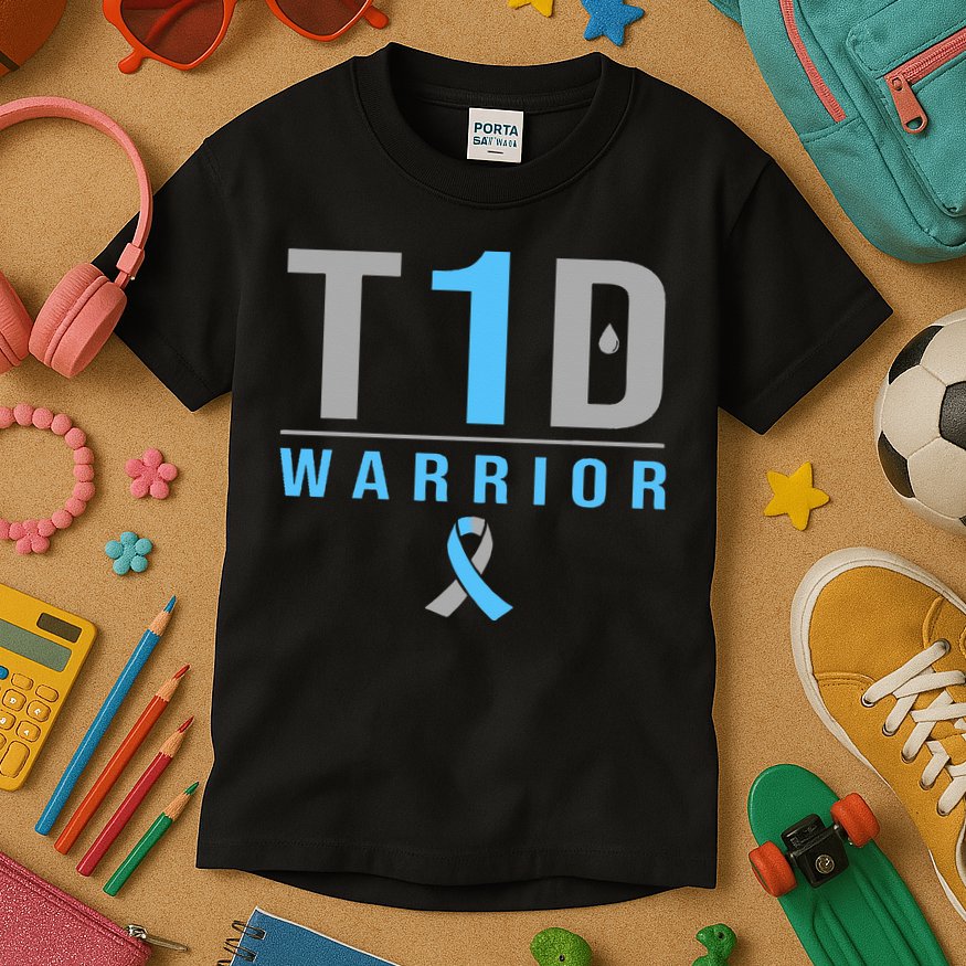 T1D Warrior Blue Grey Ribbon Type 1 Diabetes Awareness Gifts Kids T-Shirt