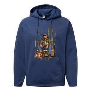 Trump With Dog Duck Waterfowl Hunting Camo President Trump Performance Fleece Hoodie