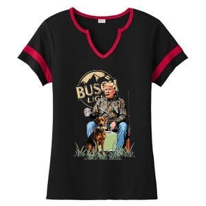 Trump With Dog Duck Waterfowl Hunting Camo President Trump Ladies Halftime Notch Neck Tee