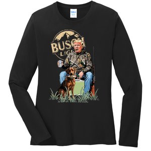 Trump With Dog Duck Waterfowl Hunting Camo President Trump Ladies Long Sleeve Shirt