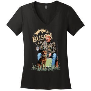 Trump With Dog Duck Waterfowl Hunting Camo President Trump Women's V-Neck T-Shirt