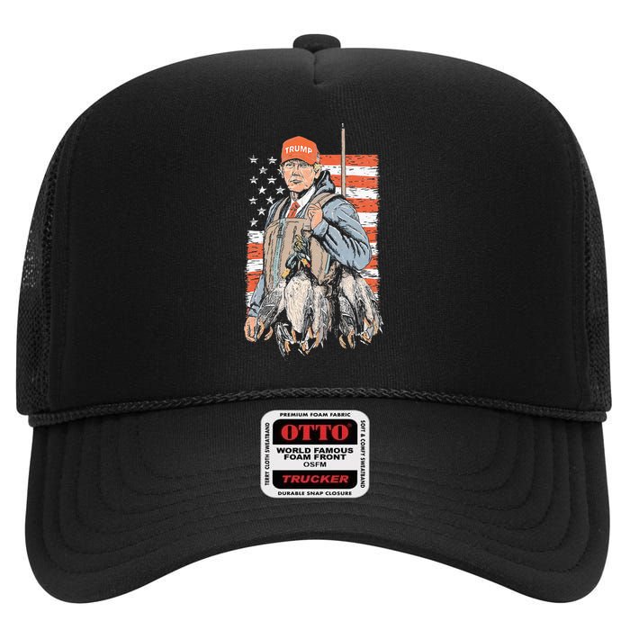 Trump With Dog Duck Waterfowl Hunting Deer American Flag High Crown Mesh Back Trucker Hat