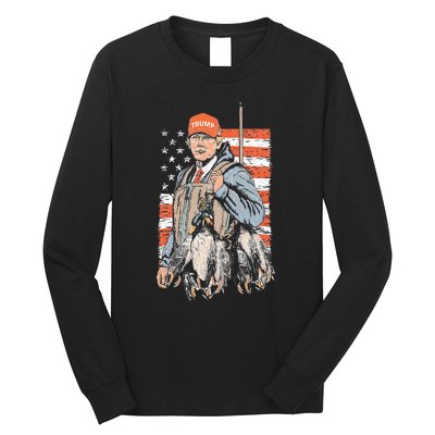 Trump With Dog Duck Waterfowl Hunting Deer American Flag Long Sleeve Shirt