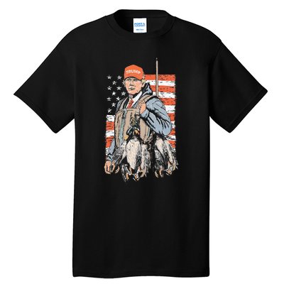 Trump With Dog Duck Waterfowl Hunting Deer American Flag Tall T-Shirt