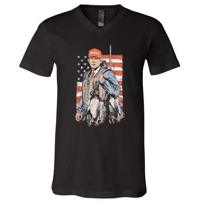 Trump With Dog Duck Waterfowl Hunting Deer American Flag V-Neck T-Shirt