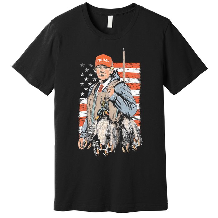 Trump With Dog Duck Waterfowl Hunting Deer American Flag Premium T-Shirt