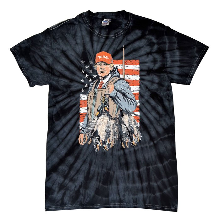 Trump With Dog Duck Waterfowl Hunting Deer American Flag Tie-Dye T-Shirt