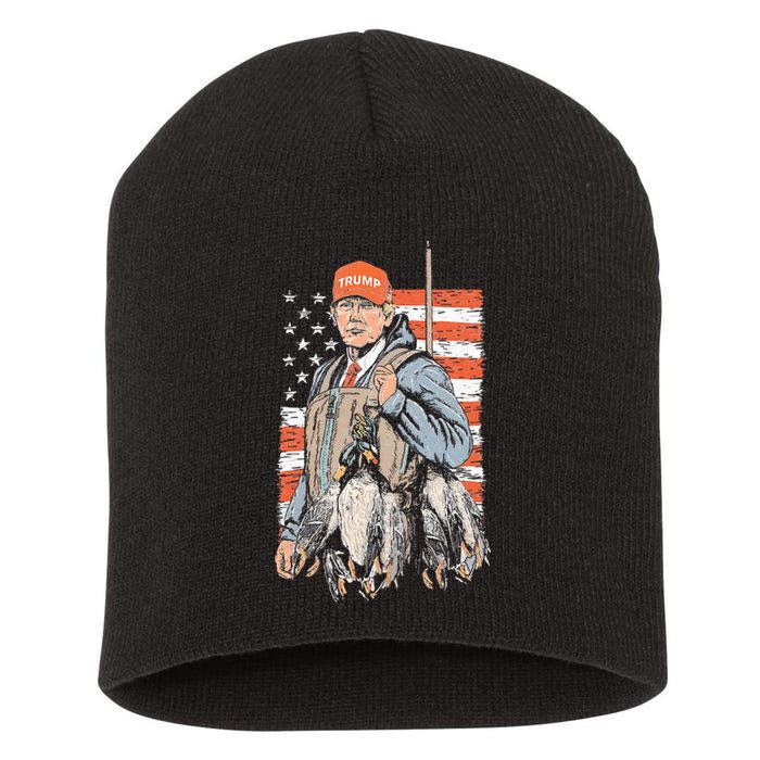 Trump With Dog Duck Waterfowl Hunting Deer American Flag Short Acrylic Beanie