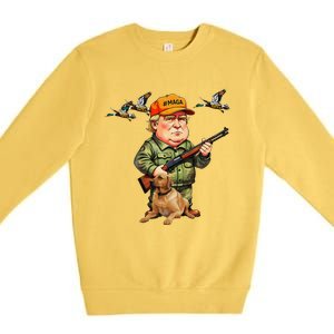 Trump With Dog Duck Waterfowl Hunting Camo President Trump Premium Crewneck Sweatshirt