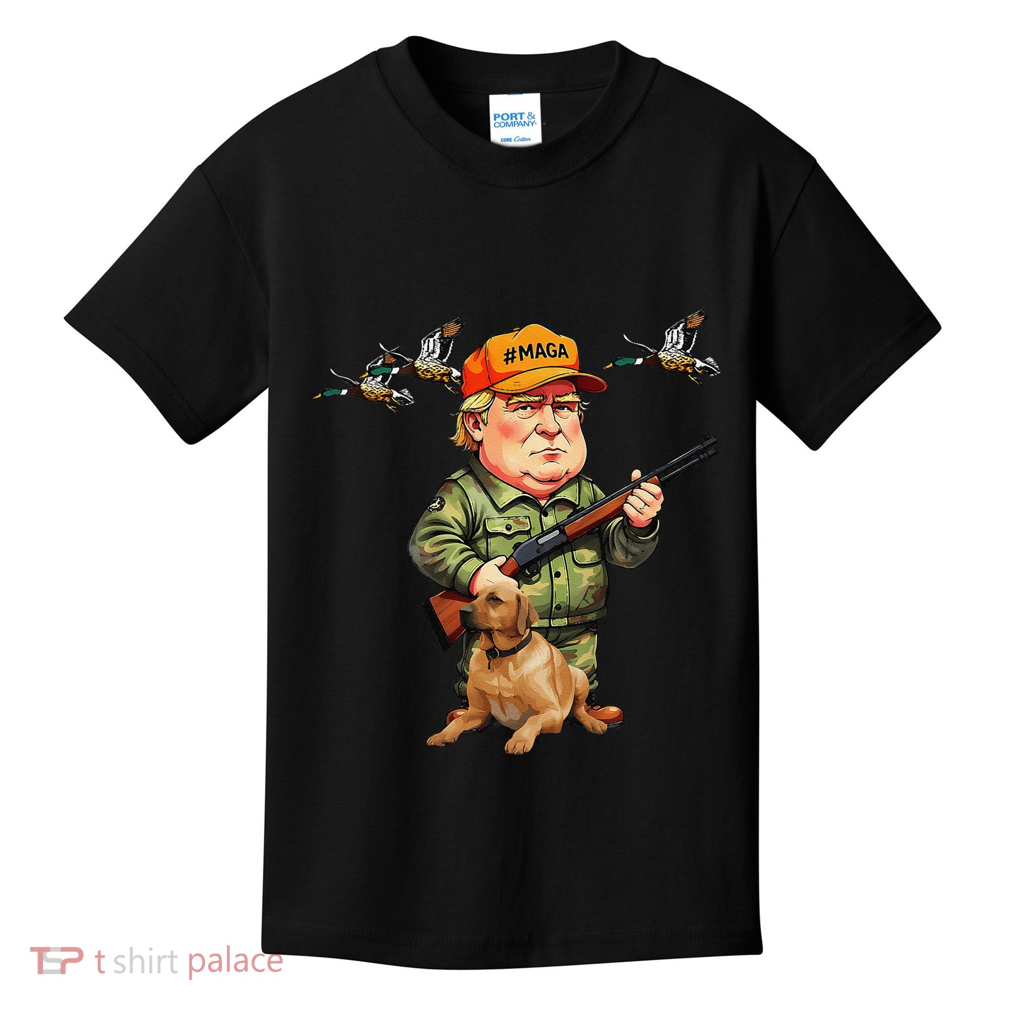 Trump With Dog Duck Waterfowl Hunting Camo President Trump Kids T-Shirt