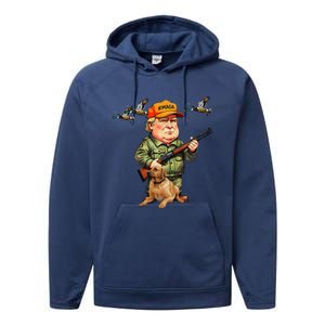 Trump With Dog Duck Waterfowl Hunting Camo President Trump Performance Fleece Hoodie