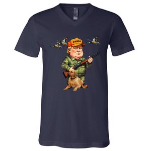 Trump With Dog Duck Waterfowl Hunting Camo President Trump V-Neck T-Shirt