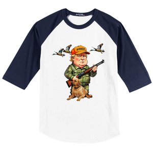 Trump With Dog Duck Waterfowl Hunting Camo President Trump Baseball Sleeve Shirt