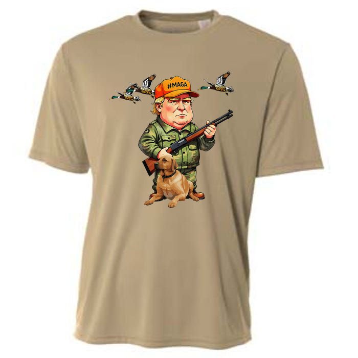 Trump With Dog Duck Waterfowl Hunting Camo President Trump Cooling Performance Crew T-Shirt