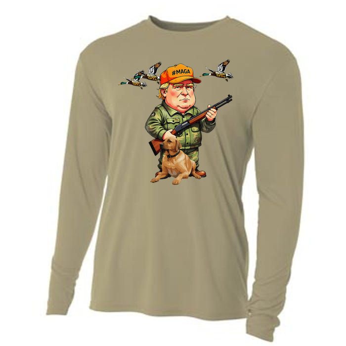 Trump With Dog Duck Waterfowl Hunting Camo President Trump Cooling Performance Long Sleeve Crew