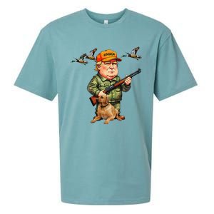 Trump With Dog Duck Waterfowl Hunting Camo President Trump Sueded Cloud Jersey T-Shirt