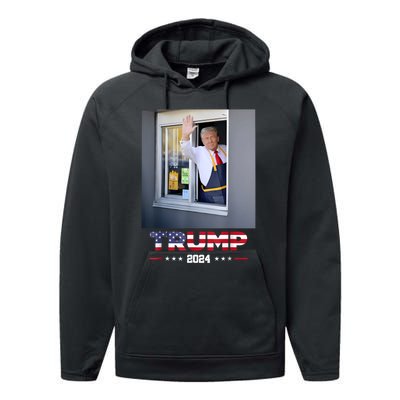 Trump Works Drive Thru Trump Serving French Fries Performance Fleece Hoodie