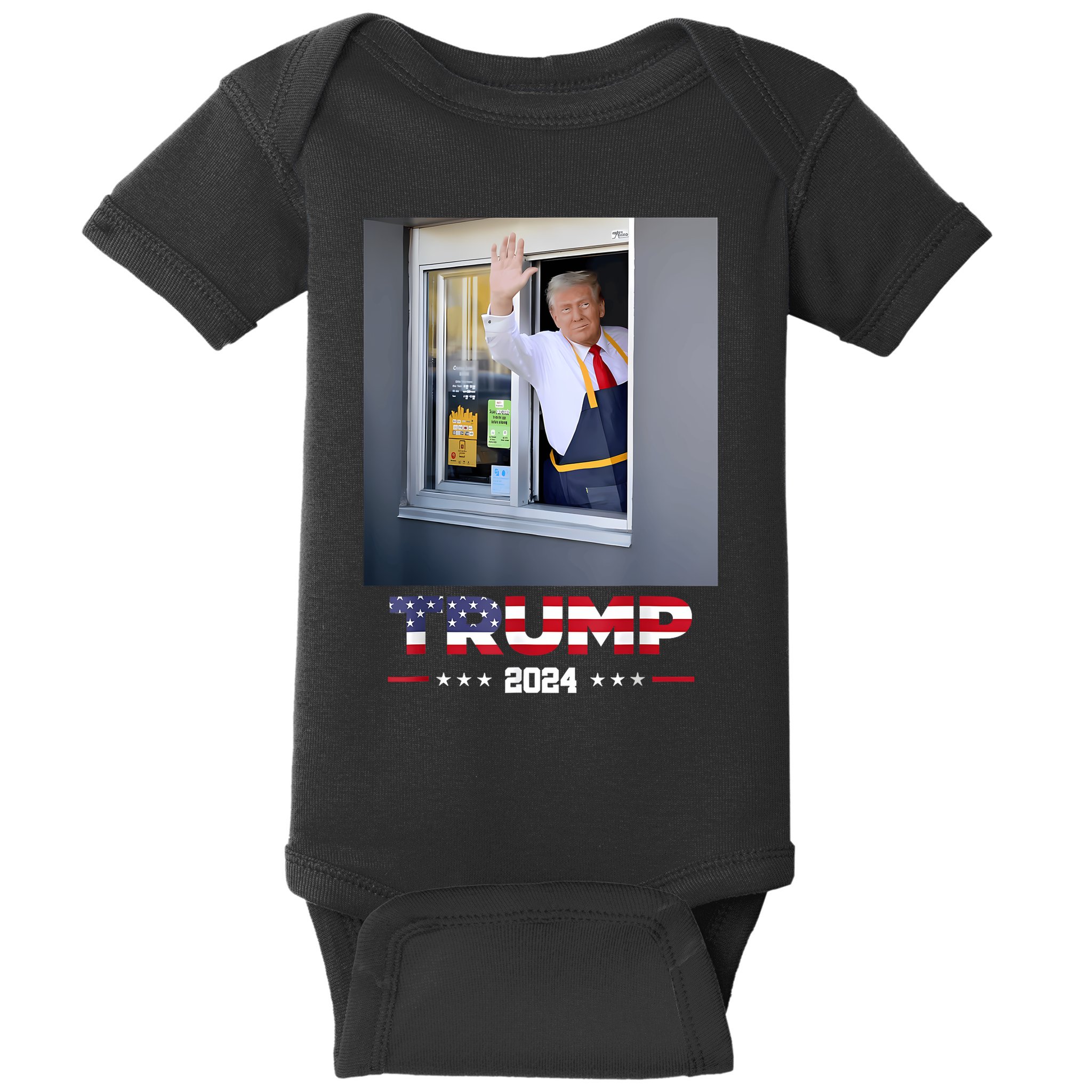 Trump Works Drive Thru Trump Serving French Fries Baby Bodysuit