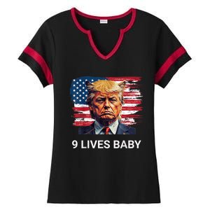 Trump With Ears Cat In Suite American Flag Nine Lives Baby Ladies Halftime Notch Neck Tee