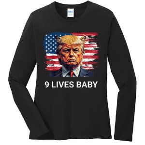 Trump With Ears Cat In Suite American Flag Nine Lives Baby Ladies Long Sleeve Shirt