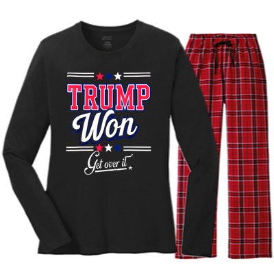 Trump Won Election 2024 Us Flag Donald Trump Won Get Over It 2024 Gift Women's Long Sleeve Flannel Pajama Set 