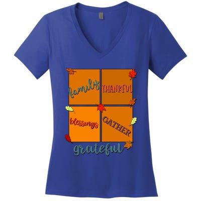 Thanksgiving Words Family Thankful Blessings Gather Meaningful Gift Women's V-Neck T-Shirt