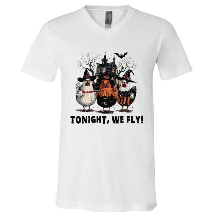 Tonight We Fly Funny Chicken Halloween Spooky Season V-Neck T-Shirt