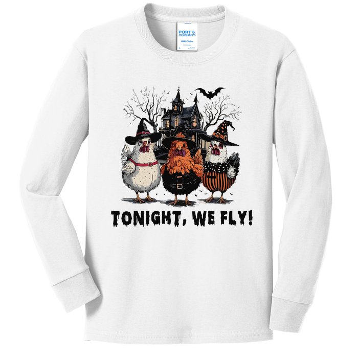 Tonight We Fly Funny Chicken Halloween Spooky Season Kids Long Sleeve Shirt