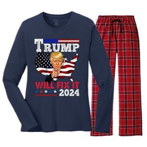 Trump Will Fix It Trump 2024 Proud To Be Garbage Vote Trump Women's Long Sleeve Flannel Pajama Set 