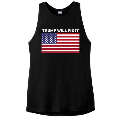 Trump Will Fix It American Flag Maga Ladies PosiCharge Tri-Blend Wicking Tank