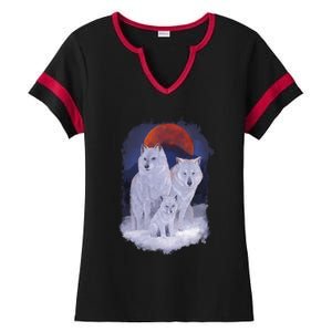 Three Wolves Family Portrait Painting Ladies Halftime Notch Neck Tee