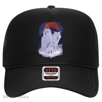 Three Wolves Family Portrait Painting High Crown Mesh Back Trucker Hat