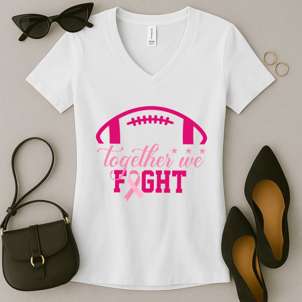 Together We Fight Breast Cancer Awareness Football Ribbon Women's V-Neck T-Shirt