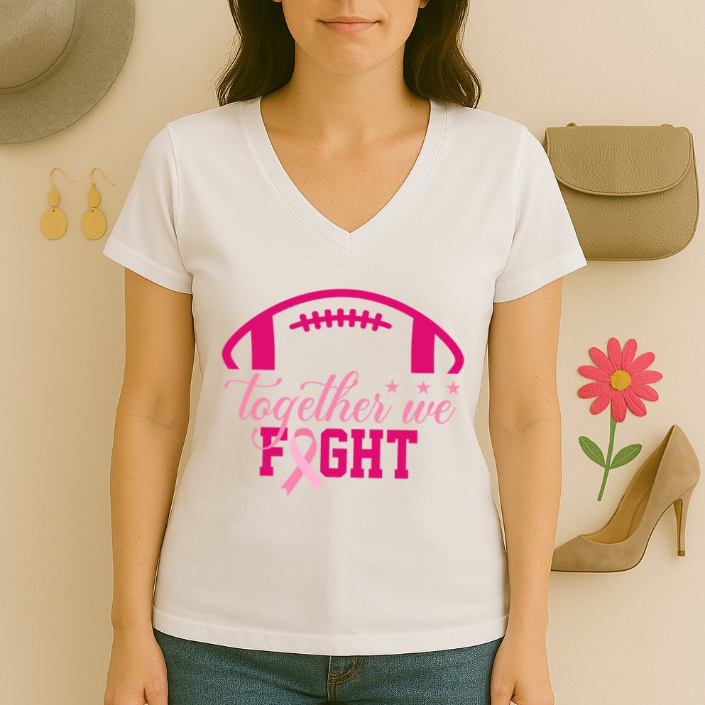 Together We Fight Breast Cancer Awareness Football Ribbon Women's V-Neck T-Shirt