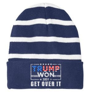 Trump Won Get Over It 2024 Election Trump Wins 2024 Striped Beanie with Solid Band