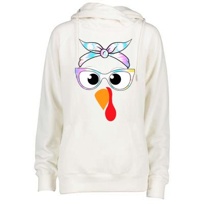 Turkey With Glasses Tie Dye Thanksgiving Turkey Face Gift Womens Funnel Neck Pullover Hood