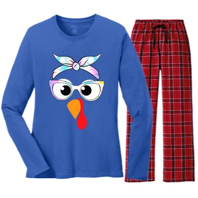 Turkey With Glasses Tie Dye Thanksgiving Turkey Face Gift Women's Long Sleeve Flannel Pajama Set 