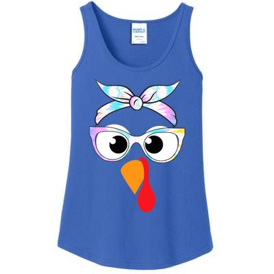 Turkey With Glasses Tie Dye Thanksgiving Turkey Face Gift Ladies Essential Tank