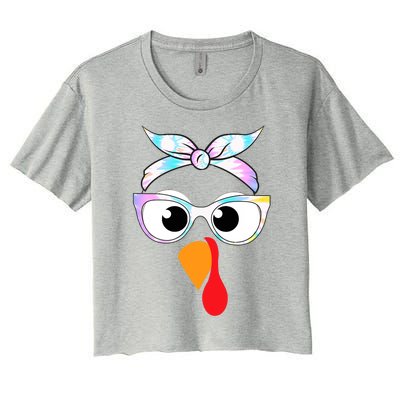 Turkey With Glasses Tie Dye Thanksgiving Turkey Face Gift Women's Crop Top Tee