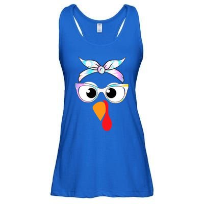 Turkey With Glasses Tie Dye Thanksgiving Turkey Face Gift Ladies Essential Flowy Tank
