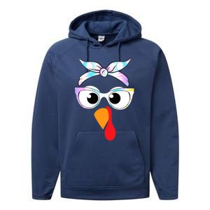 Turkey With Glasses Tie Dye Thanksgiving Turkey Face Gift Performance Fleece Hoodie