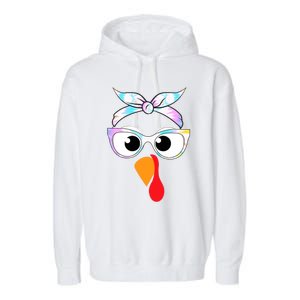 Turkey With Glasses Tie Dye Thanksgiving Turkey Face Gift Garment-Dyed Fleece Hoodie