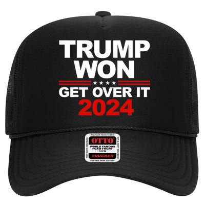 Trump Won Get Over It 2024 Patriotic Trump Red High Crown Mesh Back Trucker Hat