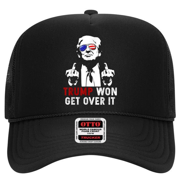 Trump Won Get Over It Patriotic Pro Trump Anti Kamala Funny High Crown Mesh Back Trucker Hat